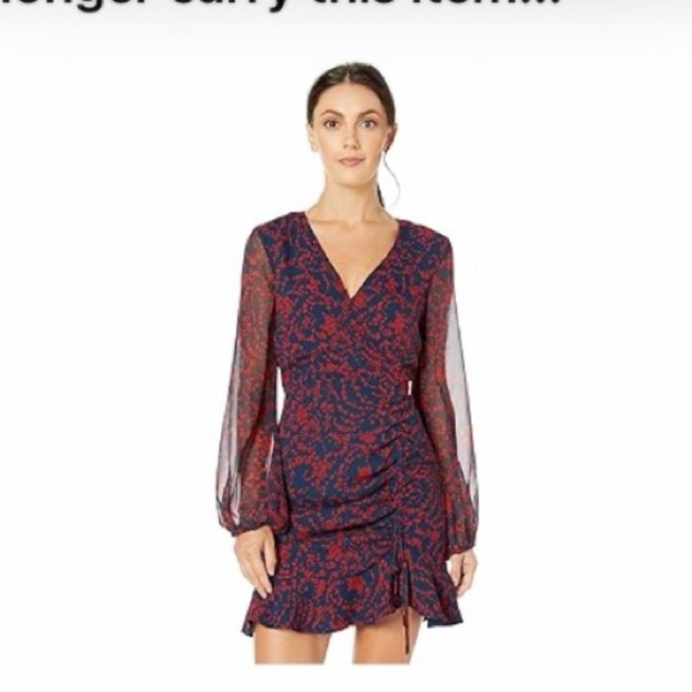 Bardot Navy Red Floral Ruched Long Sleeve Mini Dress V-Neck Size US 10 L